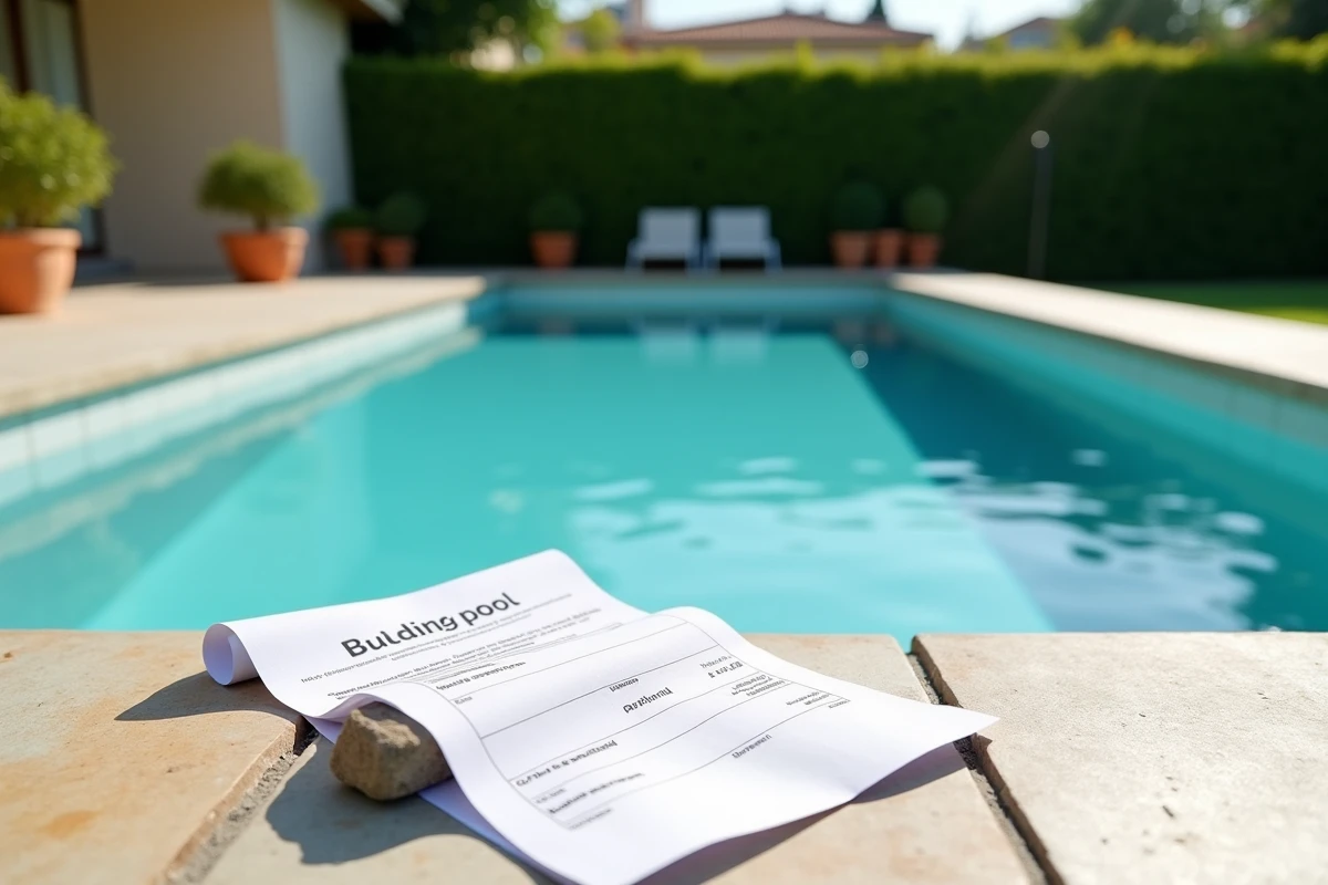 Piscine résidentielle terminée avec un permis de construire et une déclaration fiscale posés sur le bord du bassin en pierre naturelle