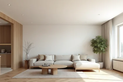 Salon moderne avec plafond tendu mat blanc installé dans un intérieur haut de gamme aux tons neutres
