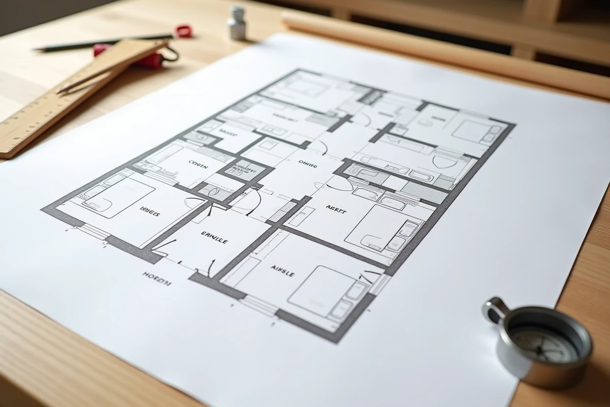 Plan de masse imprimé d'une maison plain-pied 4 chambres pour terrain étroit posé sur une table à dessin en bois