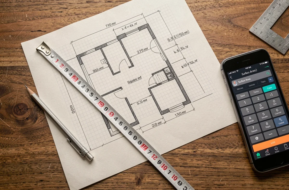Plan de masse annoté avec calcul de superficie en m2 sur papier millimétré et mètre ruban