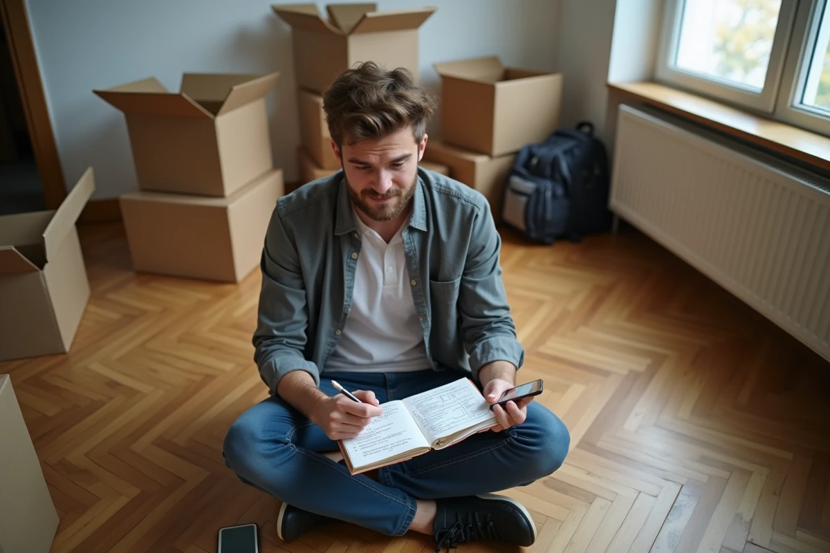 Jeune homme consultant un budget manuscrit entouré de cartons dans un appartement vide pendant la préparation d'un déménagement économique