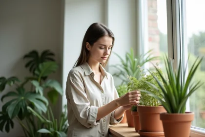 Femme entretenant des plantes d'intérieur pour purifier l'air de sa maison