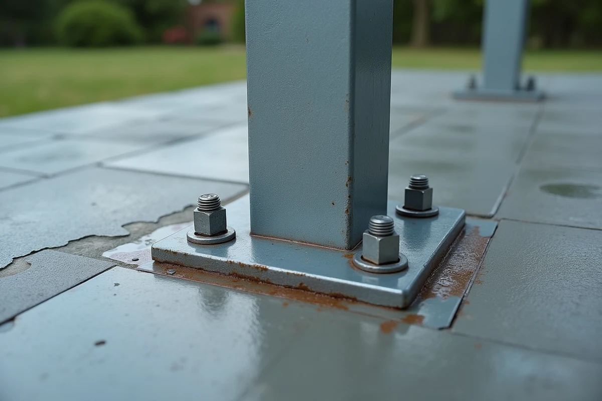 Gros plan sur une platine de fixation métallique de gazebo boulonnée sur du béton