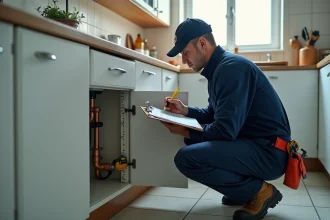 Plombier évaluant des travaux sous un évier de cuisine avec un devis manuscrit sur un clipboard