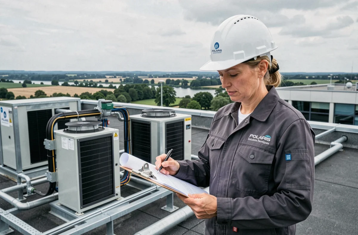 Ingénieure POLARIS Solutions Thermiques examinant des plans sur un toit commercial dans la Loire