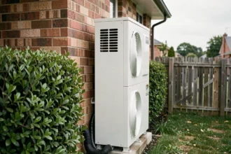 Pompe à chaleur air-air installée contre le mur extérieur d'une maison résidentielle avec haie et clôture voisine visible