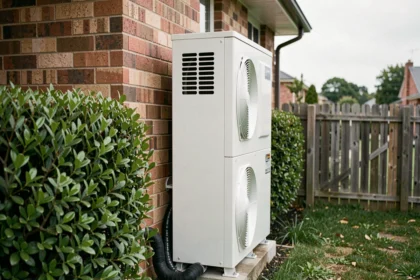 Pompe à chaleur air-air installée contre le mur extérieur d'une maison résidentielle avec haie et clôture voisine visible