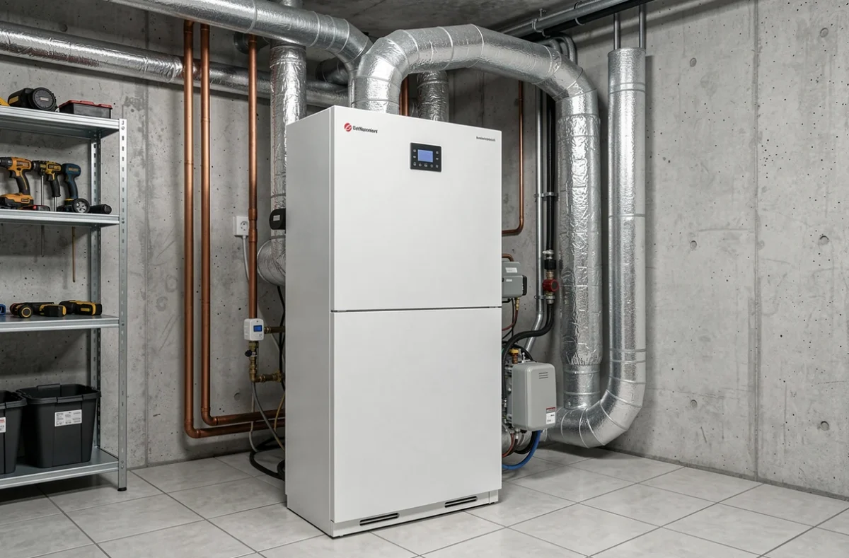 Pompe à chaleur allemande installée dans une chaufferie technique résidentielle moderne avec tuyauterie cuivre