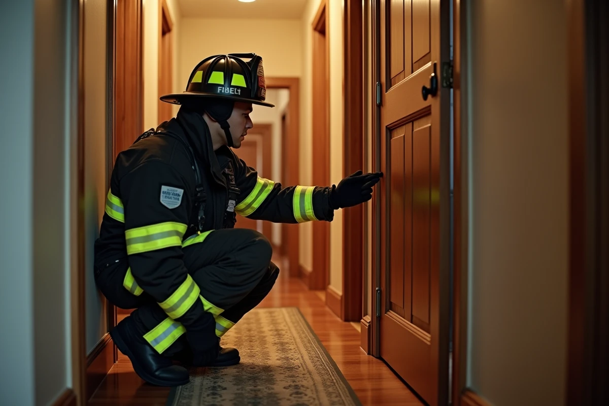 Pompier vérifiant une porte fermée pour détecter la chaleur lors d'un incendie