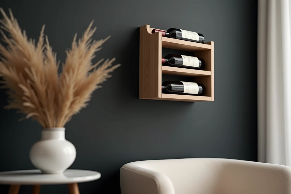 Porte-bouteille mural minimaliste en bois frêne sur mur anthracite dans un intérieur design et épuré