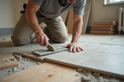 Carreleur posant un grand carrelage sur un ancien parquet en bois lors d'une rénovation intérieure
