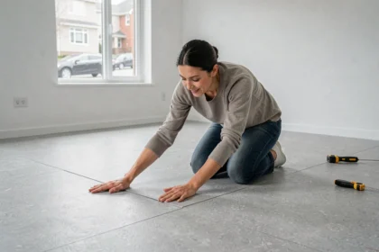 Femme posant du lino pas cher dans un appartement vide en location