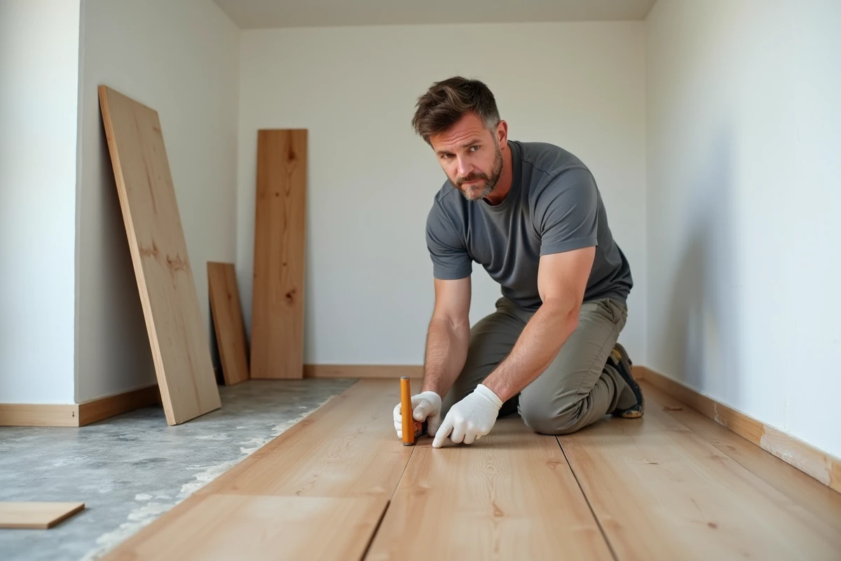 Homme posant un parquet stratifié économique dans un salon en cours de rénovation