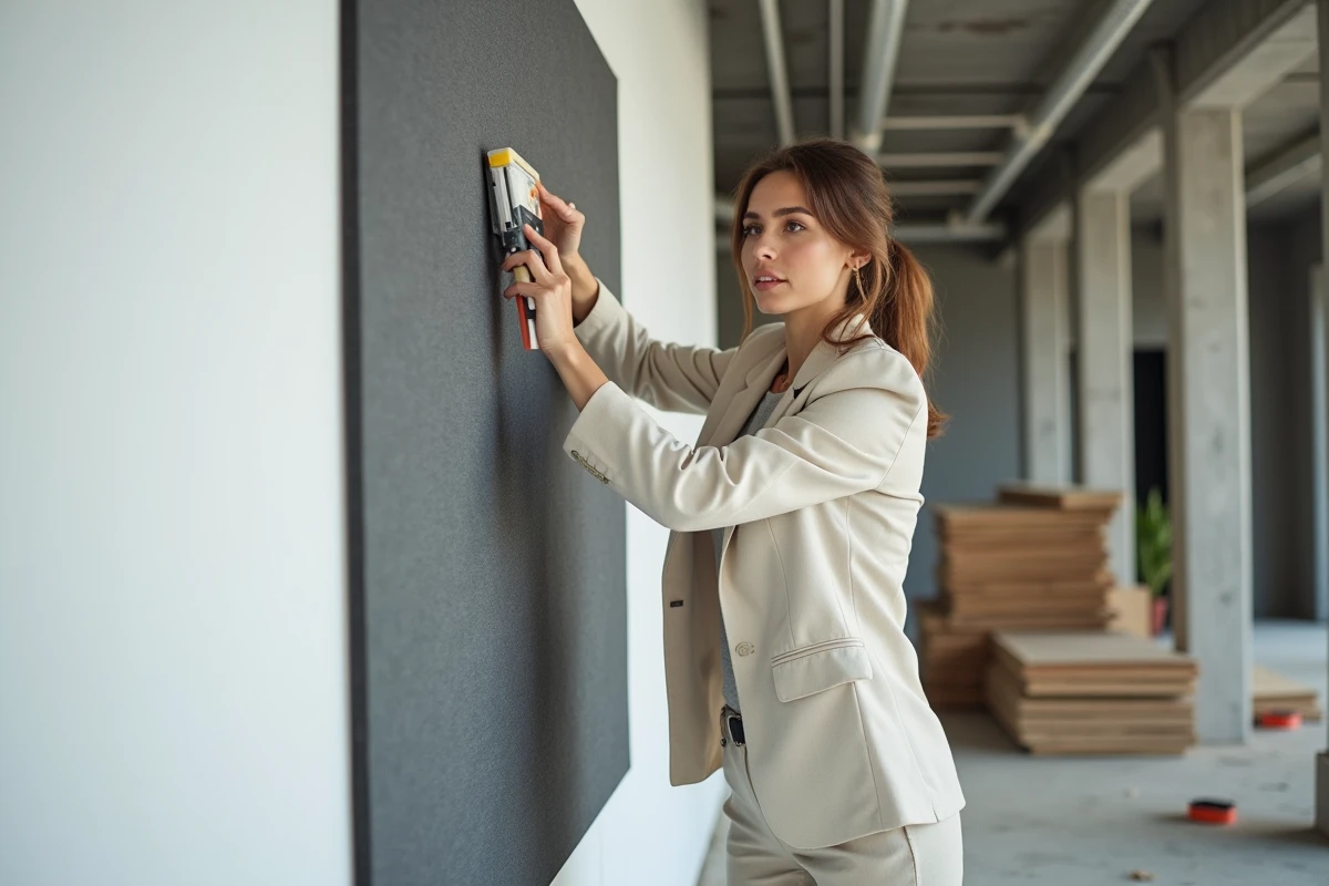 Designer d'intérieur posant un revêtement mural autocollant acoustique sur un mur blanc dans un bureau en cours de rénovation