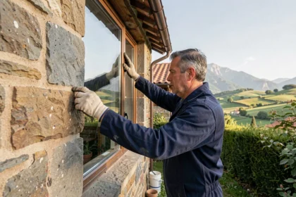 Poseur de fenêtres professionnel installant un double vitrage sur une maison en pierre basque dans les Pyrénées-Atlantiques