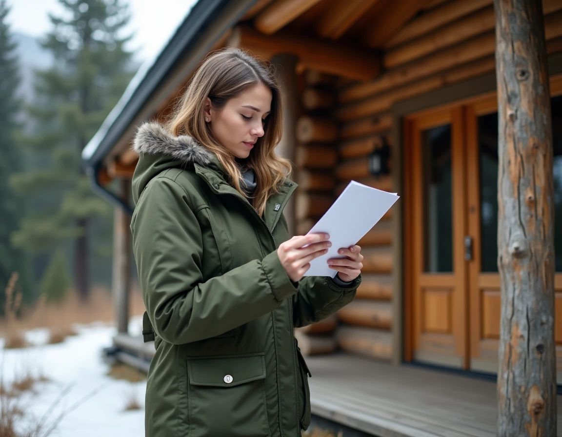 Propriétaire lisant les garanties de son assurance devant son chalet habitable en montagne