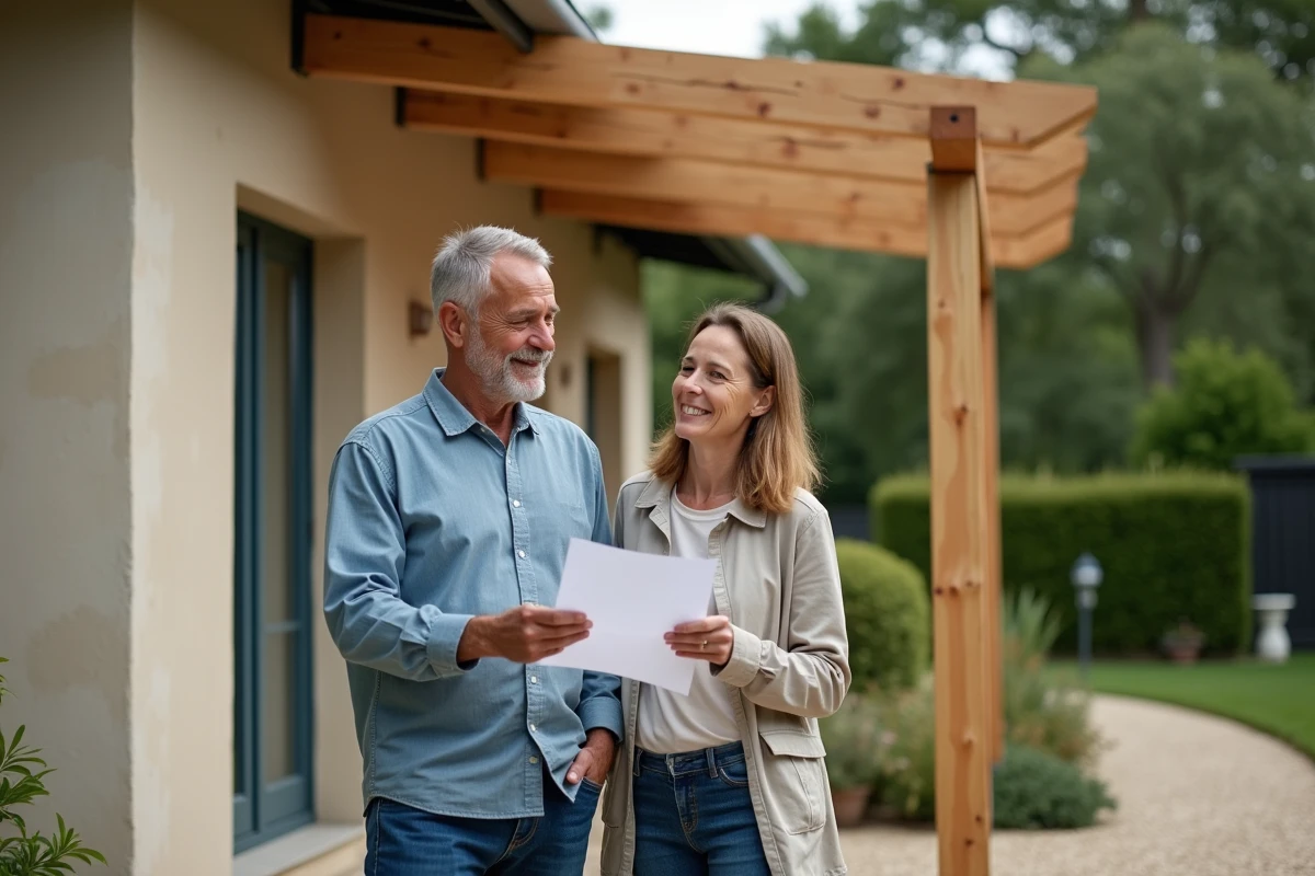 Couple de propriétaires examinant des documents administratifs devant leur pergola en bois adossée à une maison de campagne française