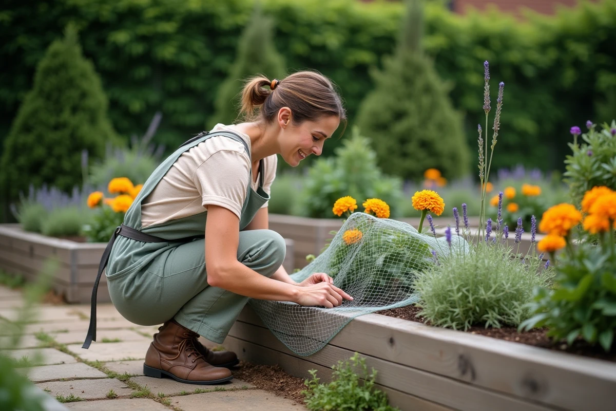 Jardinière installant un filet de protection autour de fleurs pour éloigner les chevreuils du massif