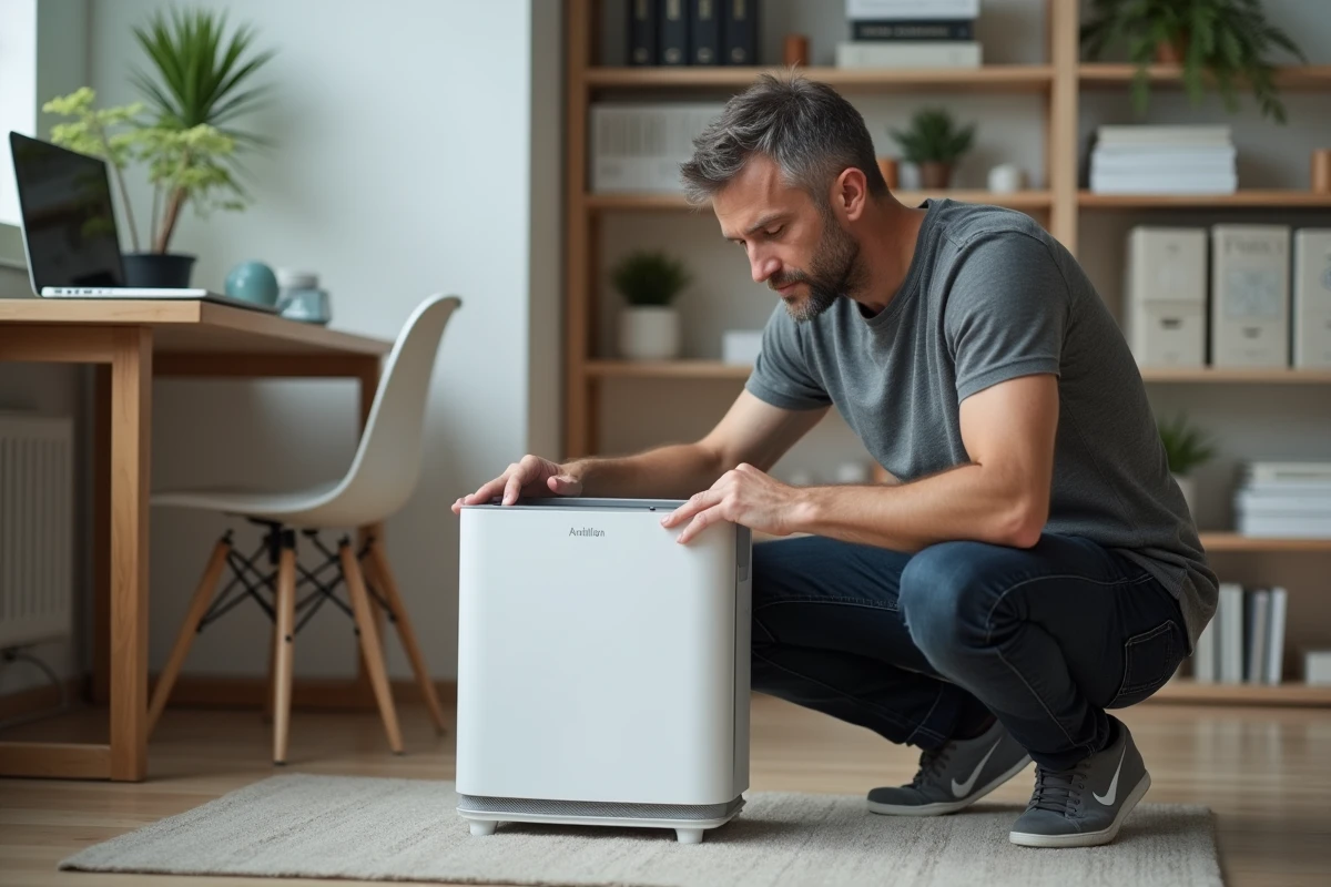 Homme vérifiant un purificateur d'air dans un bureau à domicile moderne