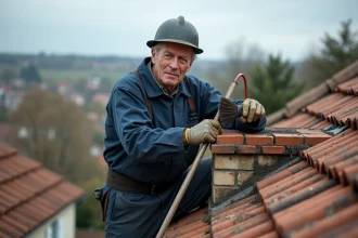 Ramoneur professionnel en train de ramoner une cheminée en briques sur un toit de maison traditionnelle française en automne