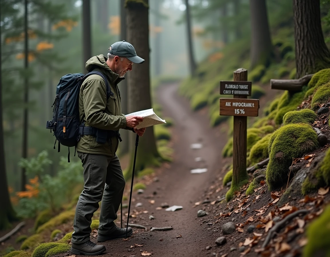 Randonneur consultant une carte topographique sur un sentier de montagne avec panneau indiquant le pourcentage de pente