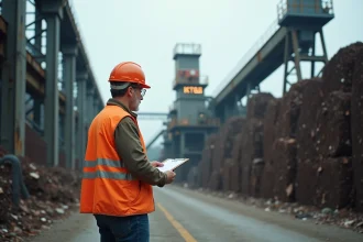 Ouvrier dans une usine de recyclage d'acier moderne, entouré de balles de métal compressé et de structures industrielles