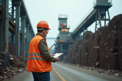 Ouvrier dans une usine de recyclage d'acier moderne, entouré de balles de métal compressé et de structures industrielles