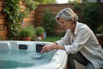 Femme réglant la minuterie de la pompe d'un spa extérieur sur une terrasse en bois