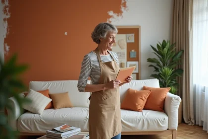 Femme appliquant une peinture terracotta sur un mur de salon lors d'un relooking DIY inspiré du style maison