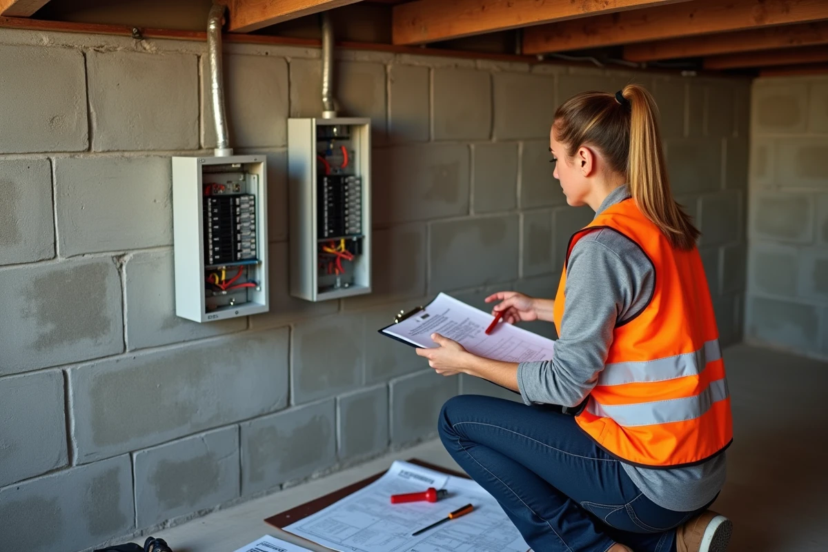 Électricienne comparant un ancien fusible et un nouveau tableau électrique lors d'une rénovation en sous-sol
