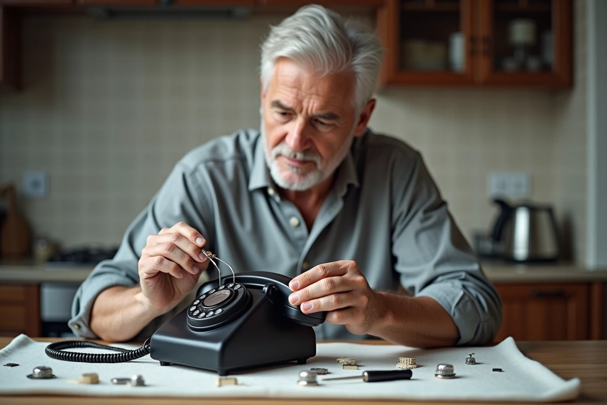 Homme réparant l'intérieur d'un téléphone à cadran rotatif noir sur une table de cuisine