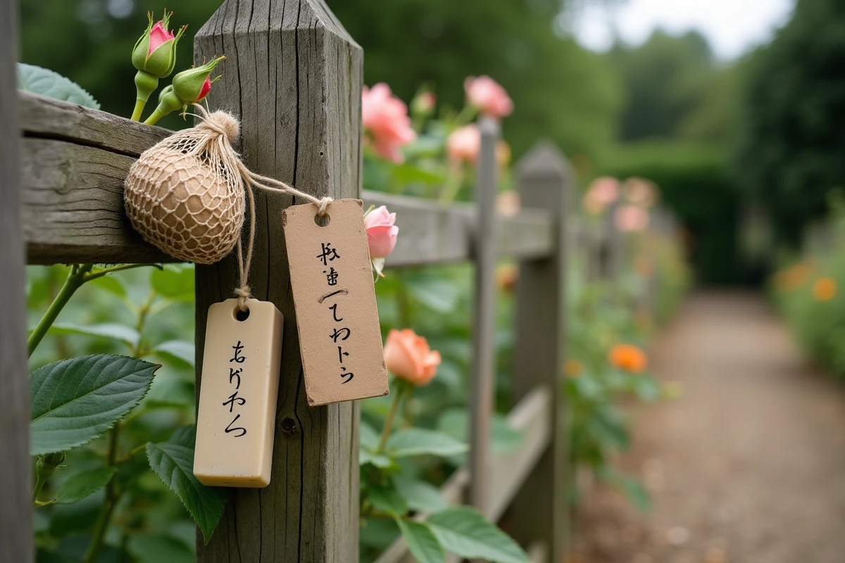 Répulsifs naturels contre les chevreuils fixés sur un piquet de clôture de jardin avec des feuilles de roses grignotées