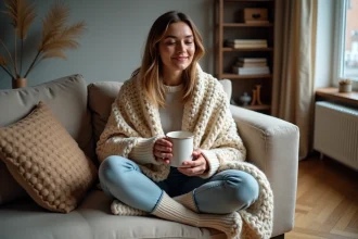 Femme enveloppée dans un plaid en laine épaisse tenant une tasse chaude dans un salon douillet sans chauffage allumé