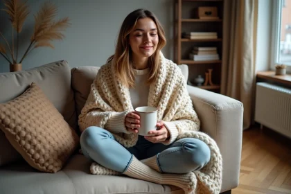 Femme enveloppée dans un plaid en laine épaisse tenant une tasse chaude dans un salon douillet sans chauffage allumé