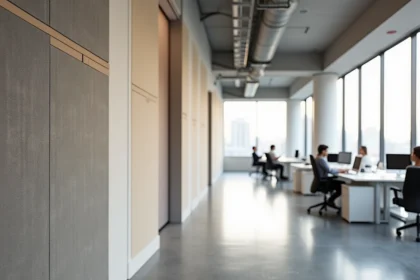 Revêtement mural acoustique autocollant grande surface installé dans un open space moderne avec des employés travaillant en arrière-plan