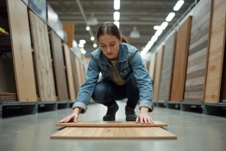 Femme examinant des échantillons de sol vinyle dans un magasin de bricolage pour choisir un revêtement économique