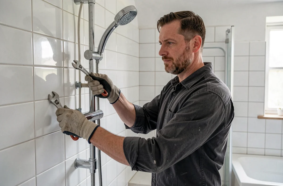 Artisan plombier raccordant un système de douche encastré dans une salle de bain en rénovation