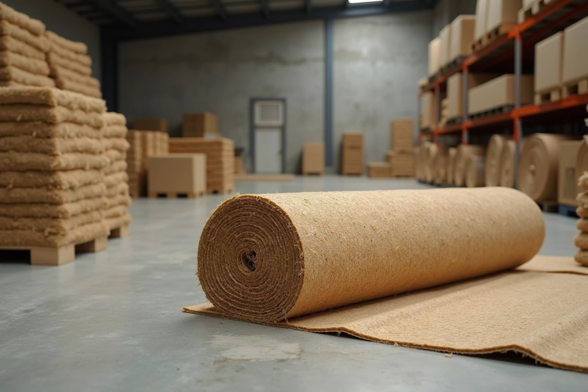 Rouleaux et panneaux d'isolant en chanvre naturel empilés sur un chantier de construction