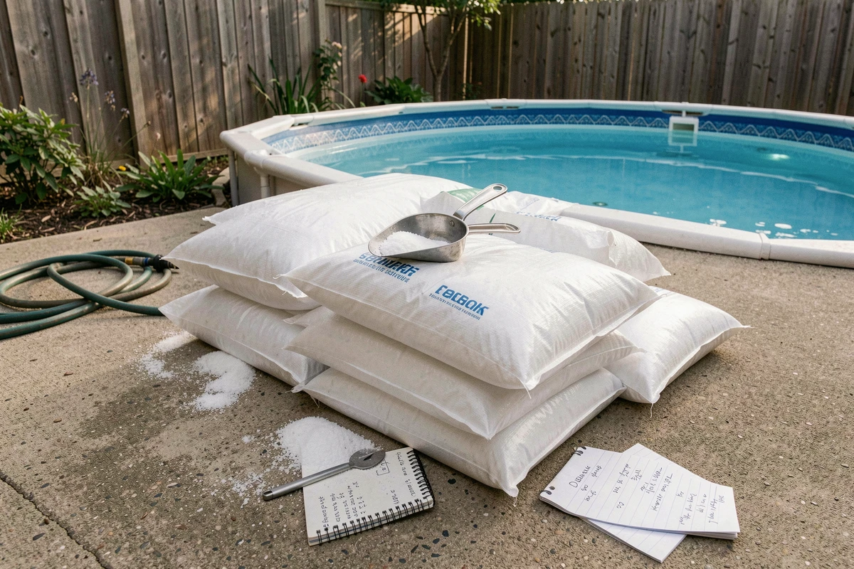 Sacs de sel pour piscine posés sur la margelle avant le dosage initial