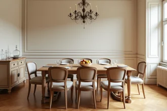 Salle à manger classique avec table en chêne, chaises rembourrées et buffet vintage dans un intérieur français traditionnel
