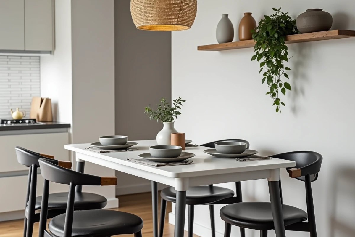 Salle à manger moderne de style scandinave avec table blanche, chaises noires et vaisselle en grès dans un appartement contemporain