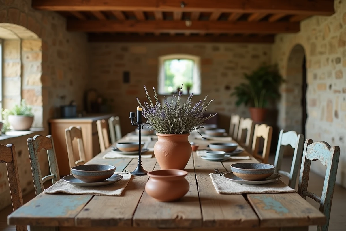 Salle à manger rustique dans une ferme en pierre avec grande table en bois massif, chaises dépareillées et décoration provençale