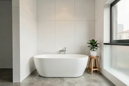 Salle de bain moderne rénovée avec des dalles murales PVC blanches et une baignoire autoportante