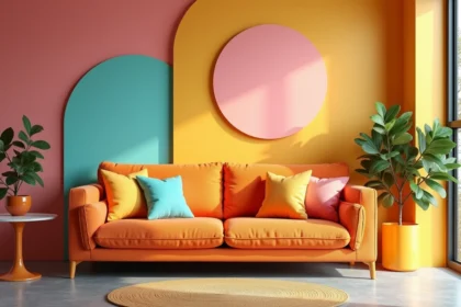 Salon décoré en style pop design avec canapé orange, coussins géométriques et art mural coloré dans un appartement moderne