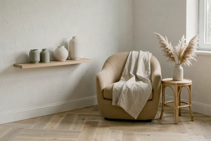Salon minimaliste de style scandinave avec étagère en bois clair, vases en céramique et fauteuil en tissu beige, décoration abordable Sklum