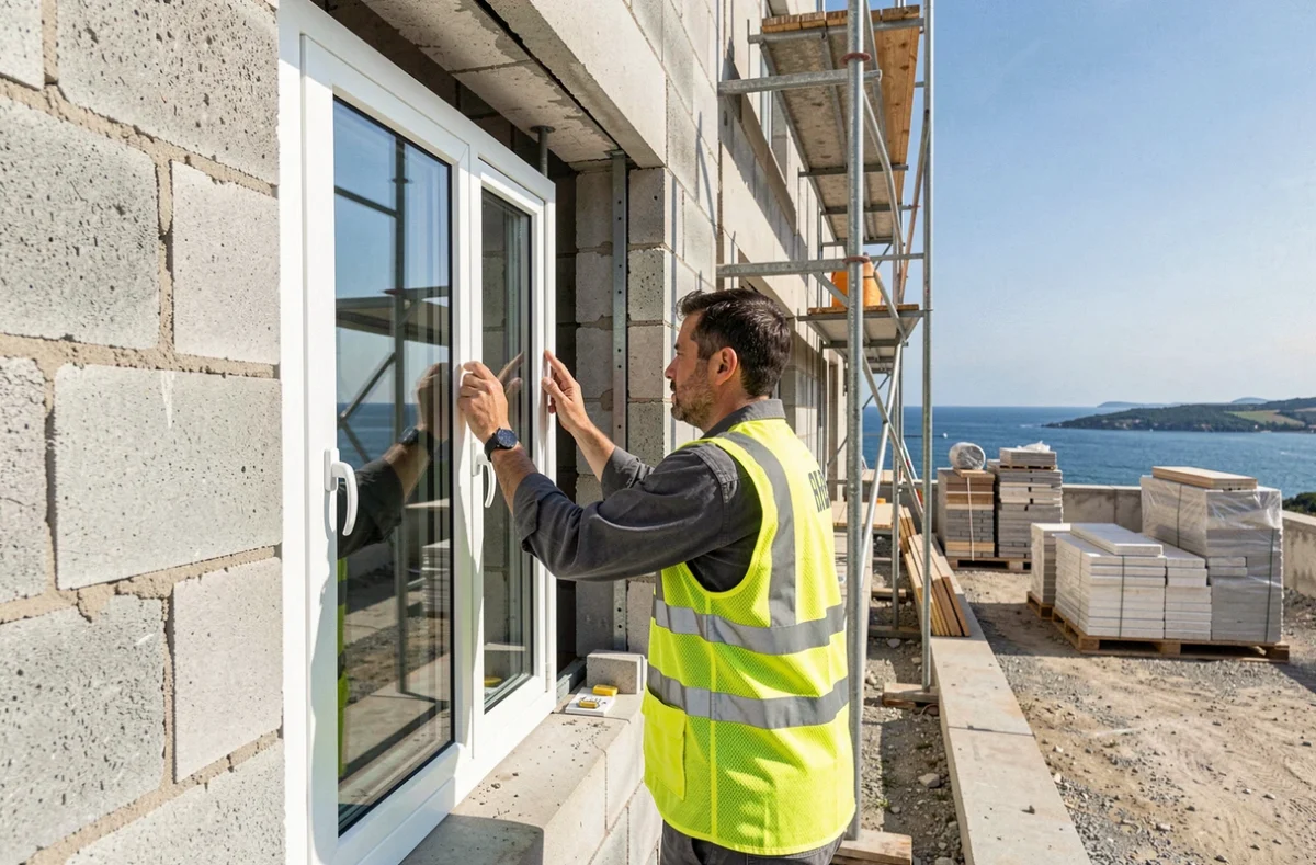 Technicien de Sarl Ackti Bati posant des fenêtres PVC sur un chantier de construction neuve près de Bayonne