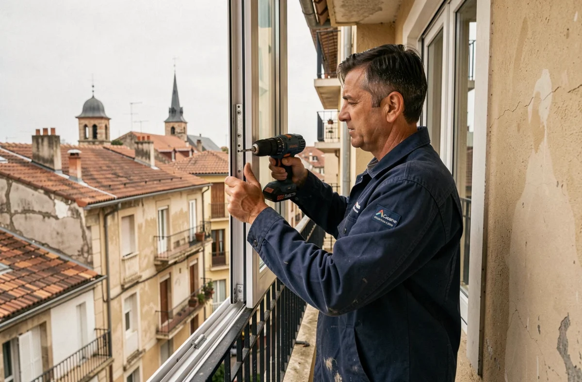 Expert de Sarl Agm fixant une fenêtre en aluminium oscillo-battante sur un immeuble résidentiel à Pau