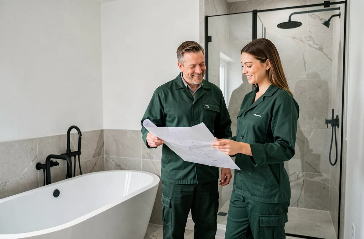 Équipe de deux professionnels en uniforme inspectant une salle de bain nouvellement installée