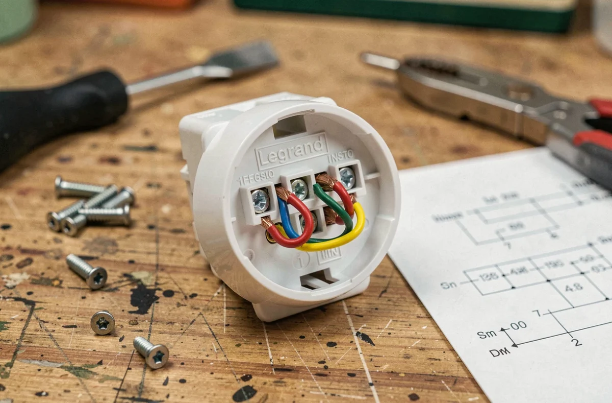 Schéma de branchement d'un bouton poussoir Legrand avec fils colorés connectés aux bornes