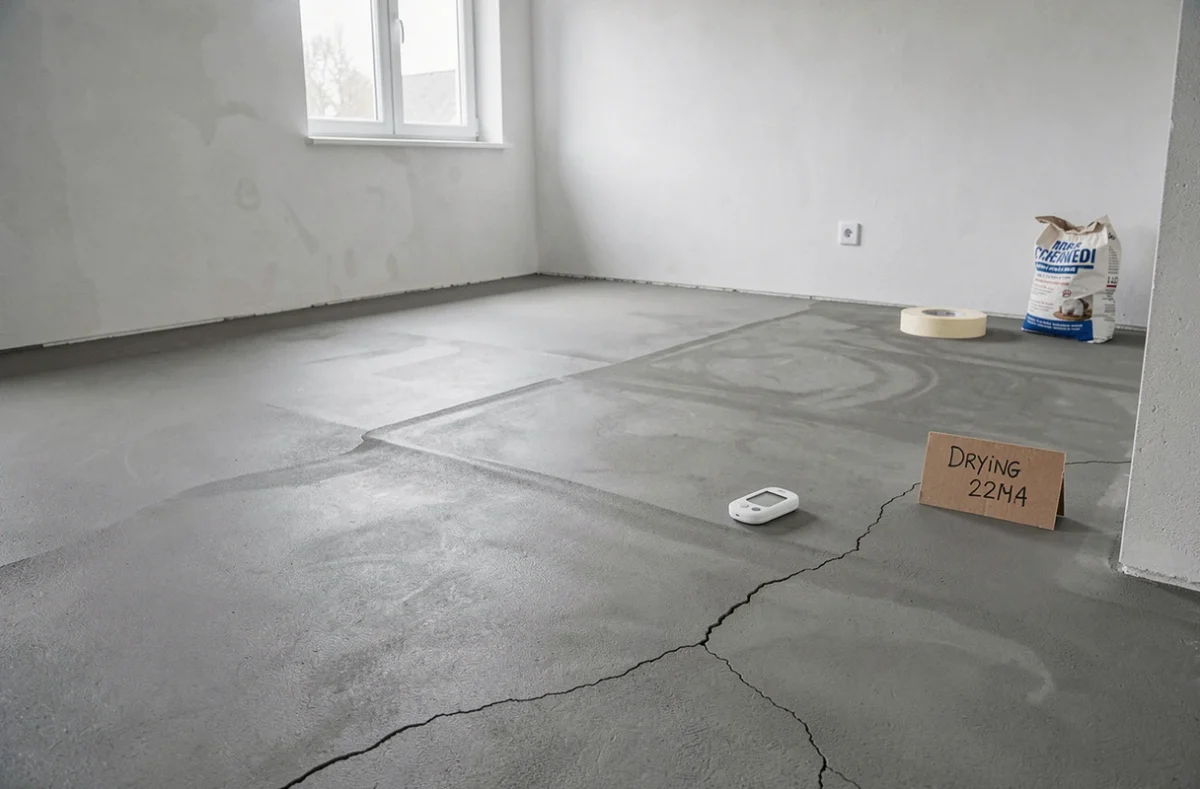 Surface de ragréage en cours de séchage dans une pièce vide avec hygromètre posé sur la chape lissée uniformément